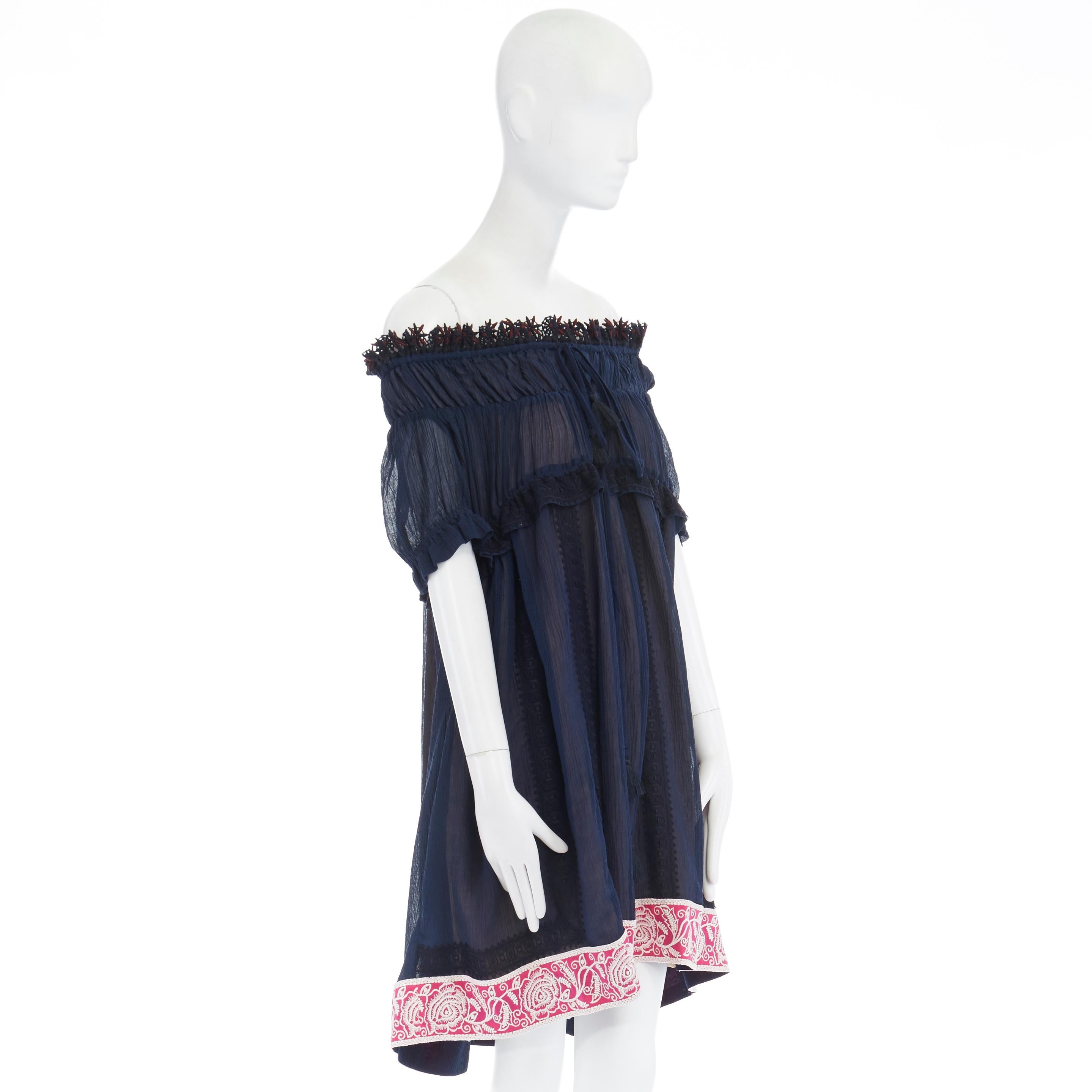 CHLOE navy embroidery lace trim off shoulder boho dress FR36 S In New Condition For Sale In Hong Kong, NT