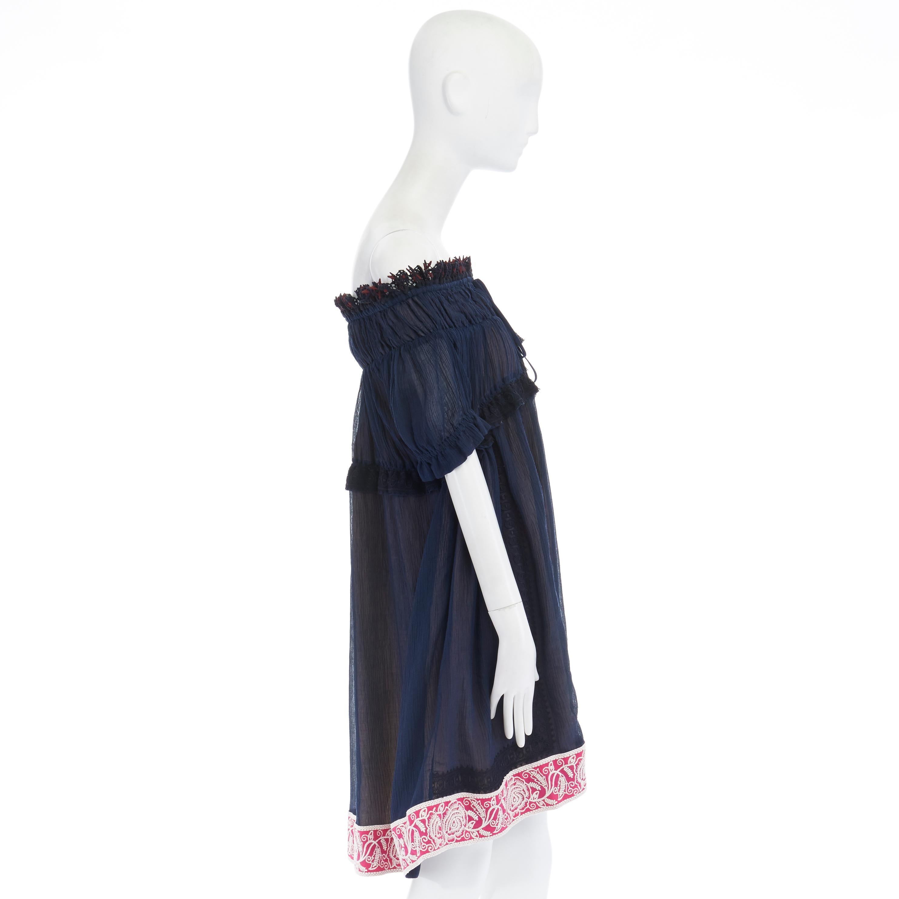 Women's CHLOE navy embroidery lace trim off shoulder boho dress FR36 S For Sale
