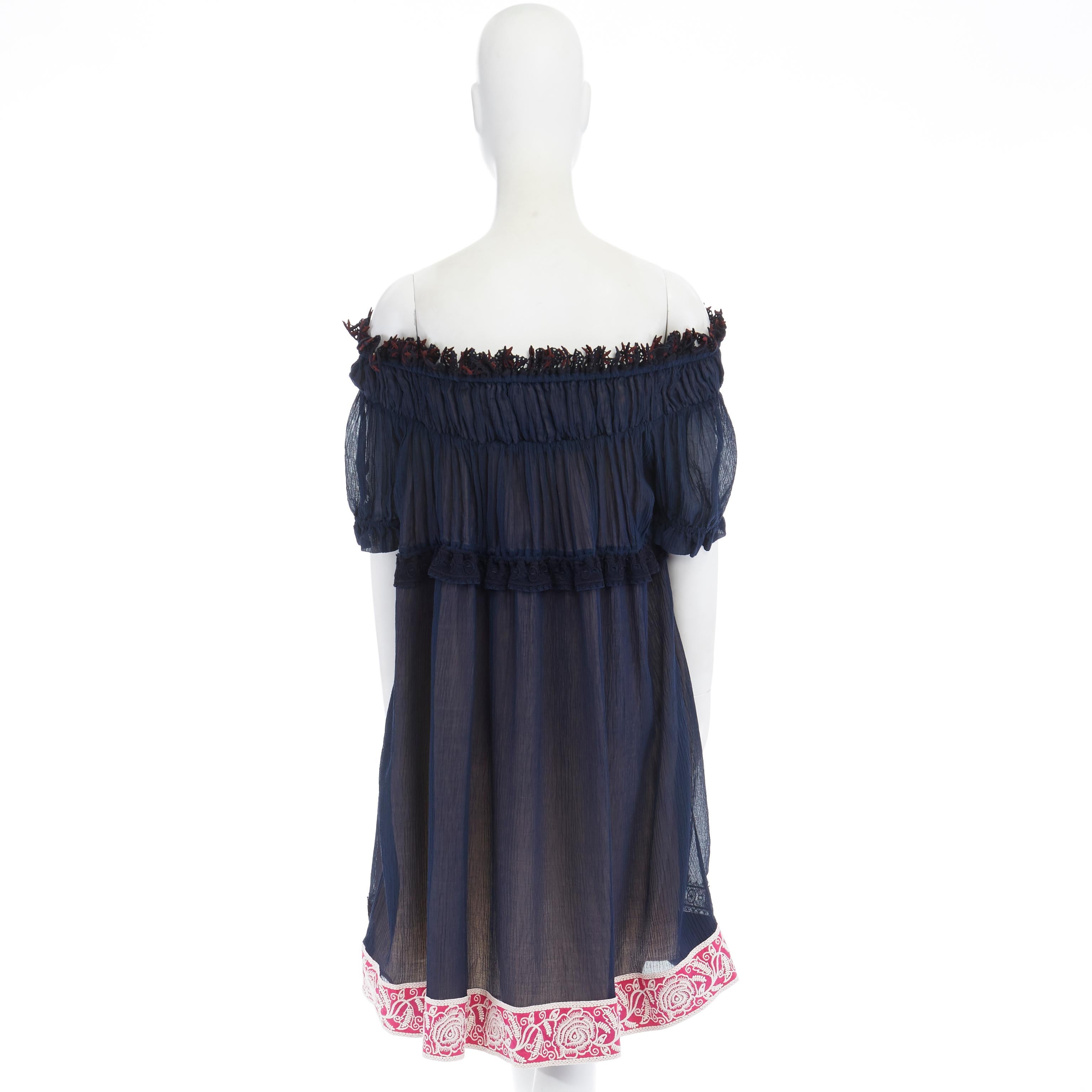 CHLOE navy embroidery lace trim off shoulder boho dress FR36 S For Sale 1
