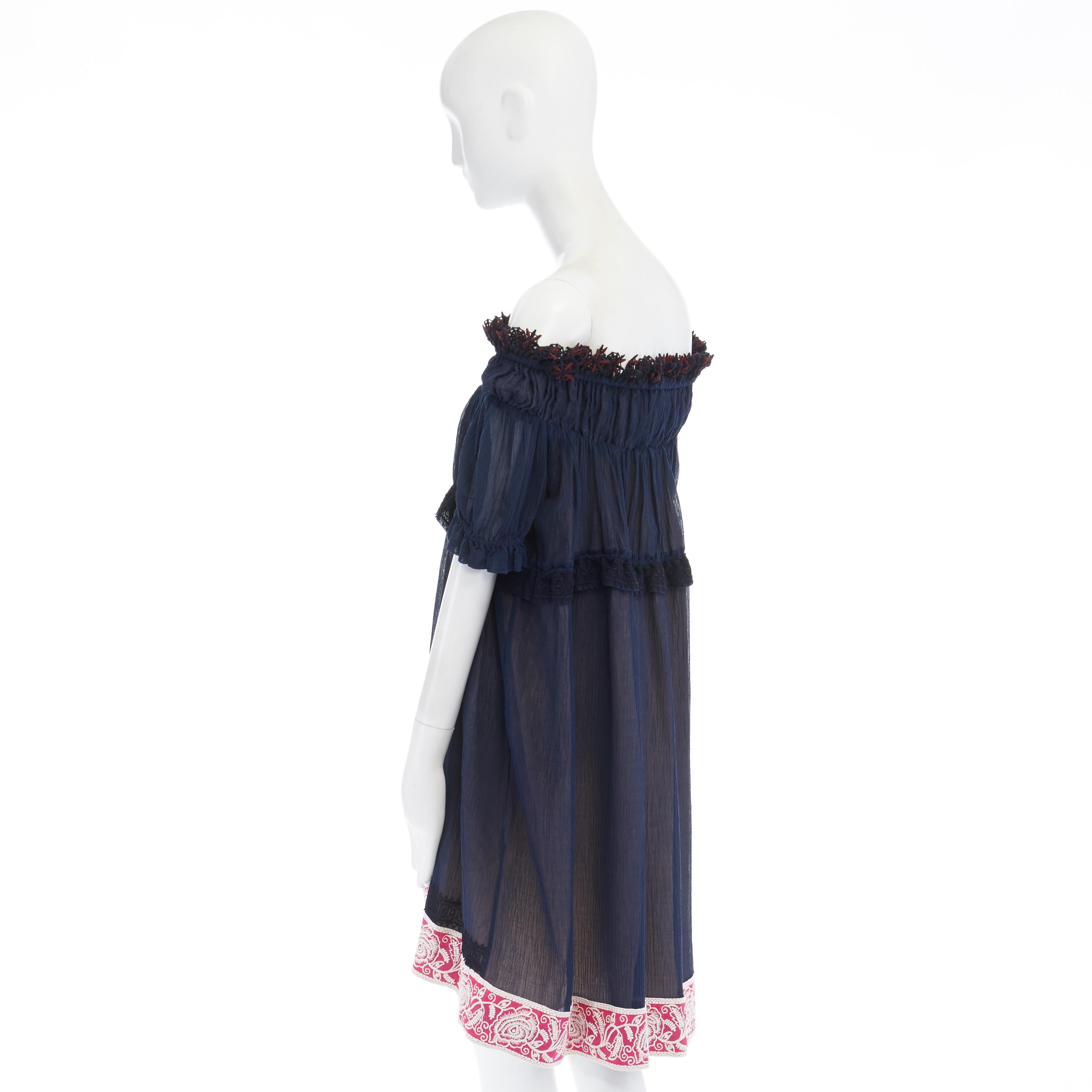CHLOE navy embroidery lace trim off shoulder boho dress FR36 S For Sale 2