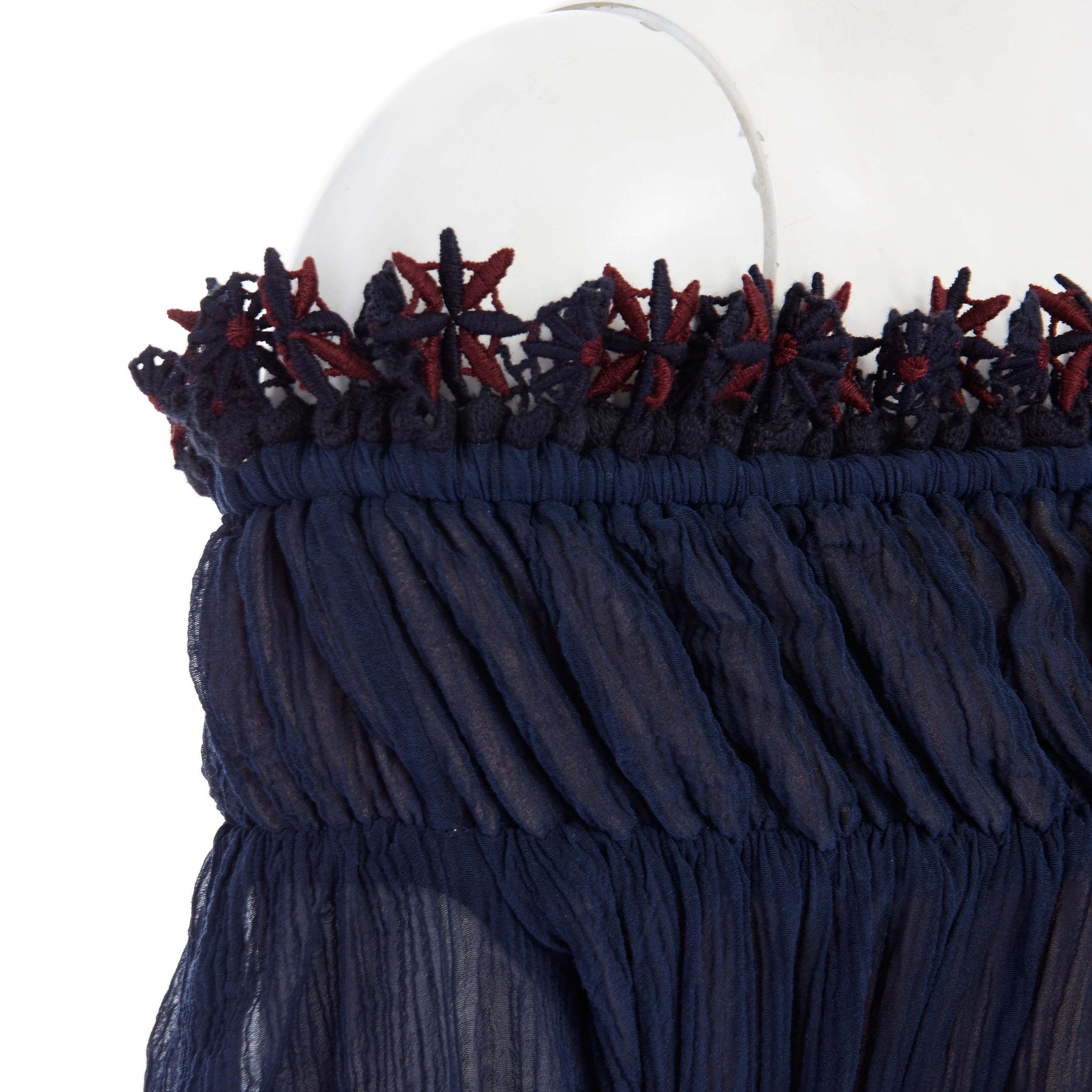 CHLOE navy embroidery lace trim off shoulder boho dress FR36 S For Sale 3