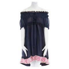 CHLOE navy embroidery lace trim off shoulder boho dress FR36 S