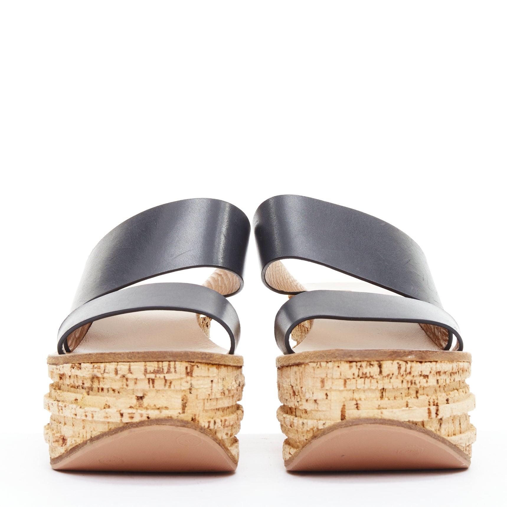 Beige CHLOE navy leather brown cork platform wedge sandals EU37 For Sale