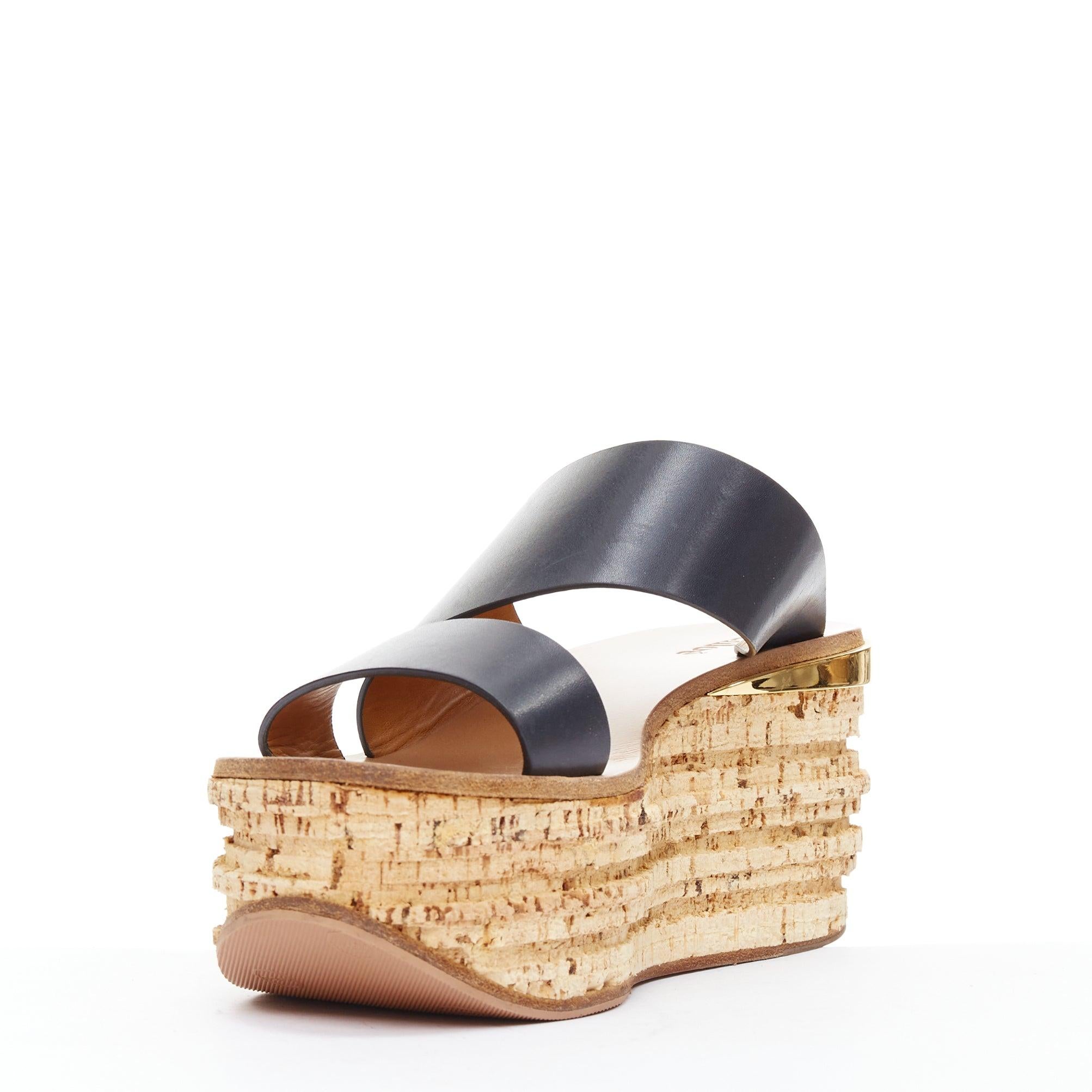 CHLOE navy leather brown cork platform wedge sandals EU37 In Good Condition For Sale In Hong Kong, NT