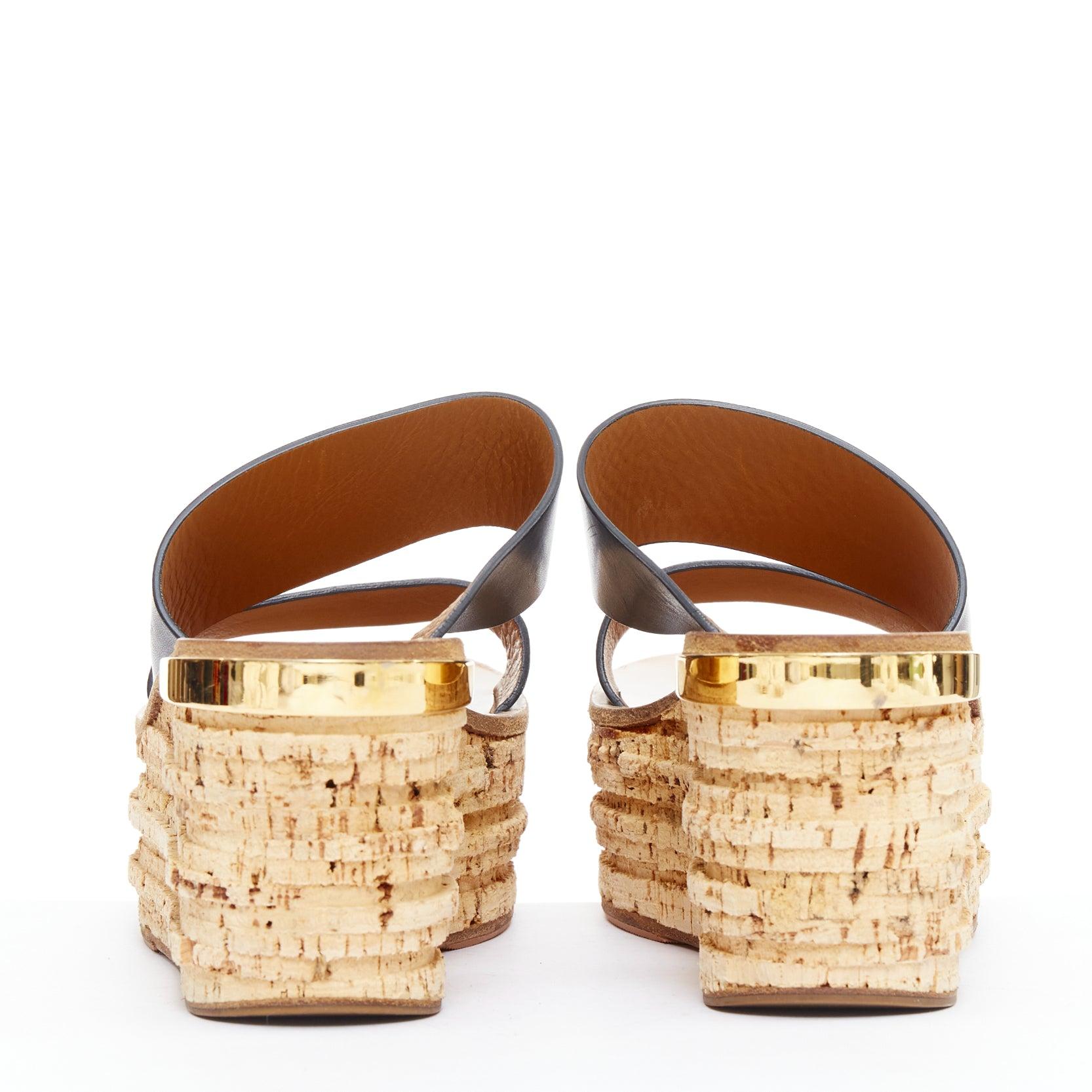 Women's CHLOE navy leather brown cork platform wedge sandals EU37 For Sale