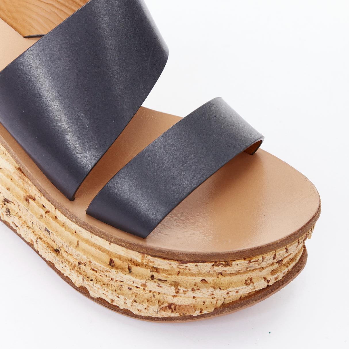 CHLOE navy leather brown cork platform wedge sandals EU37 For Sale 2