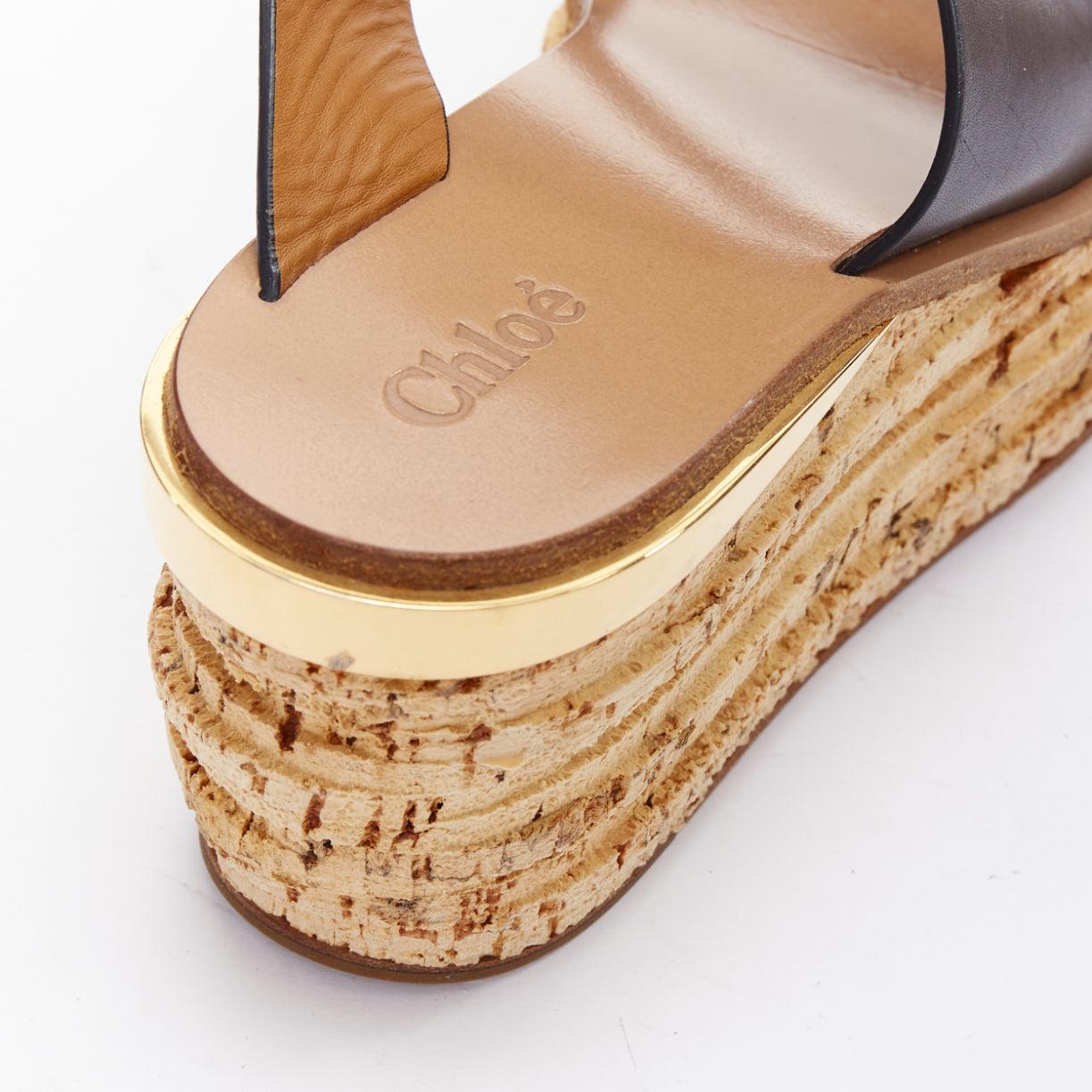 CHLOE navy leather brown cork platform wedge sandals EU37 For Sale 3
