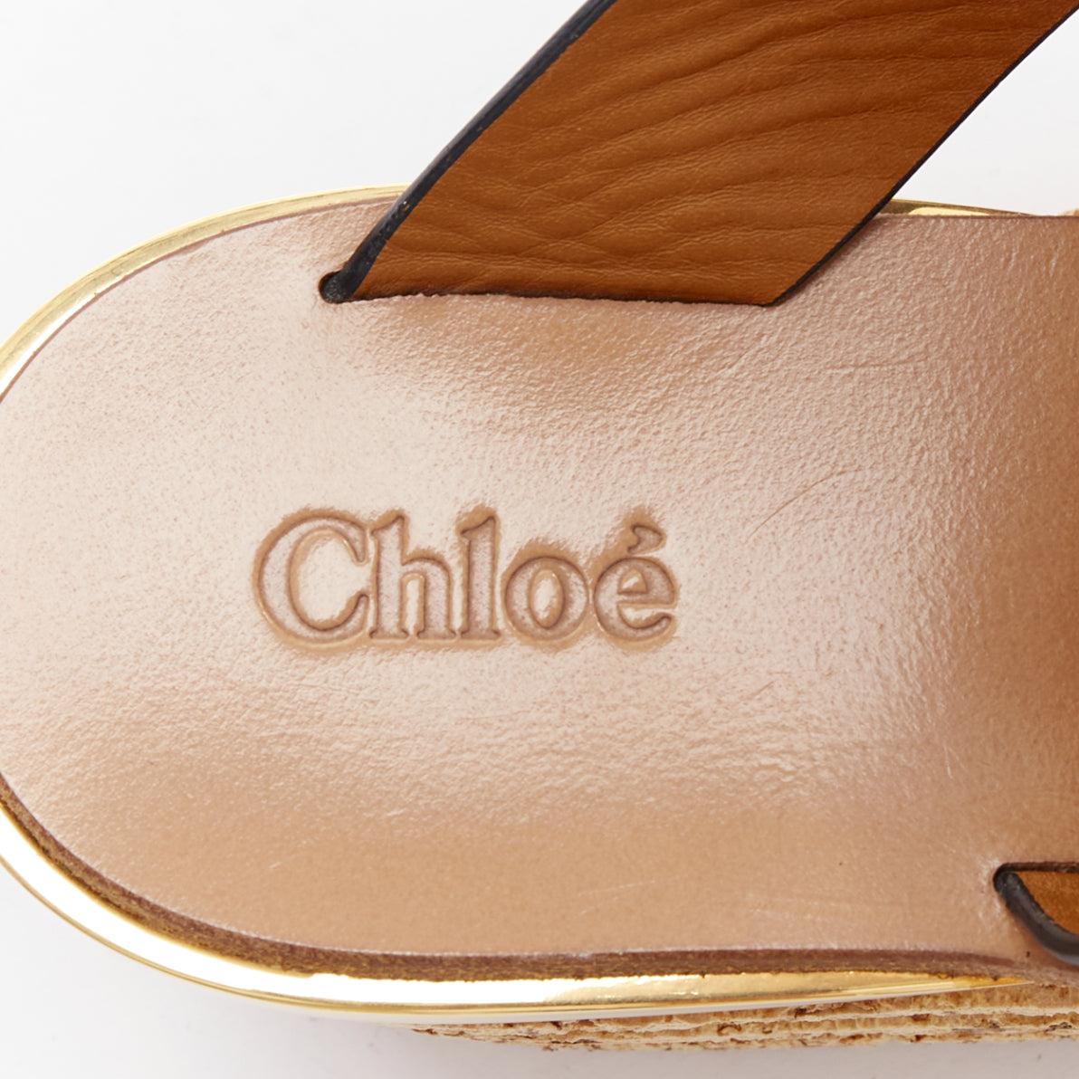 CHLOE navy leather brown cork platform wedge sandals EU37 For Sale 4