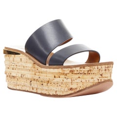 Chloe navy leather cork platform wedge sandals