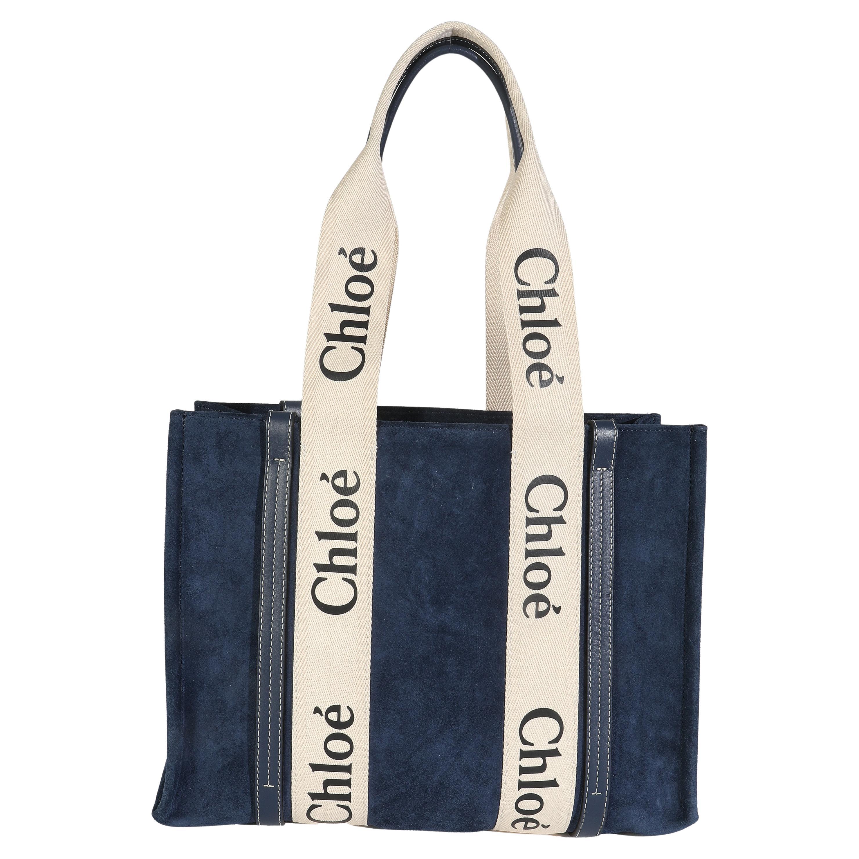 Chloé Navy Suede Calfskin Medium Woody Ribbon Tote
