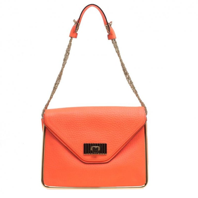 Chloe Neon Orange Leather Medium Sally Flap Shoulder Bag For Sale at 1stdibs