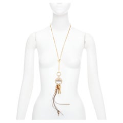 CHLOE Nicole brown leather gold Happy key chain bag charm long necklace CHLOE Nicole brown leather gold Happy key chain bag charm long necklace