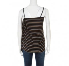 Chloe Noir Striped Silk Asymmetric Draped Detail Lurex Strap Top S