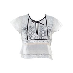Chloe Off White Lace Contrast Velvet Tie Scallop Trim Detail Cropped Top S
