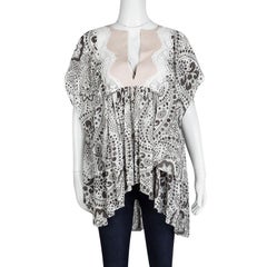 Chloe Off White Printed Silk Lace Insert Ruffled Kaftan Top L