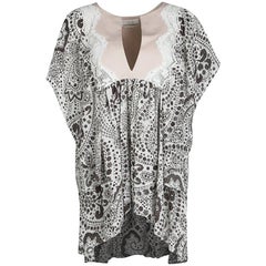 Chloe Off White Printed Silk Lace Insert Ruffled Kaftan Top L