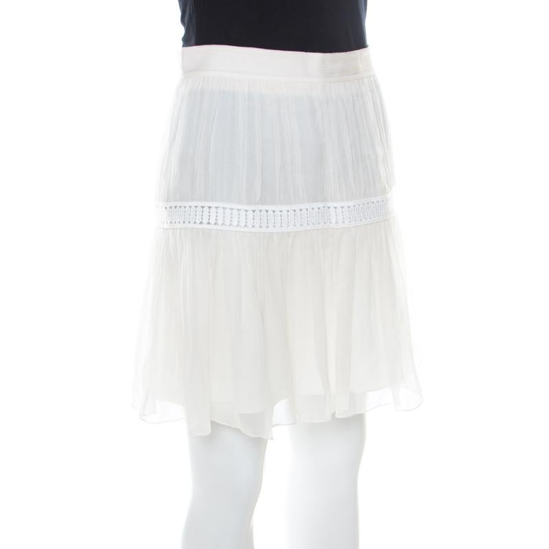 Gray Chloé Off White Silk Crepon Lace Paneled Mini Skirt S