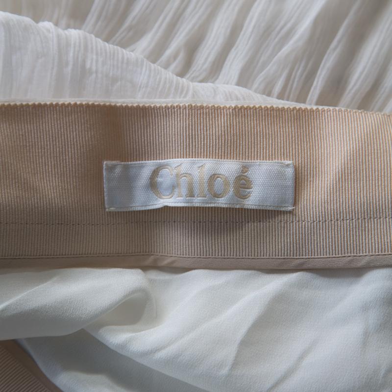 Chloé Off White Silk Crepon Lace Paneled Mini Skirt S In Good Condition In Dubai, Al Qouz 2