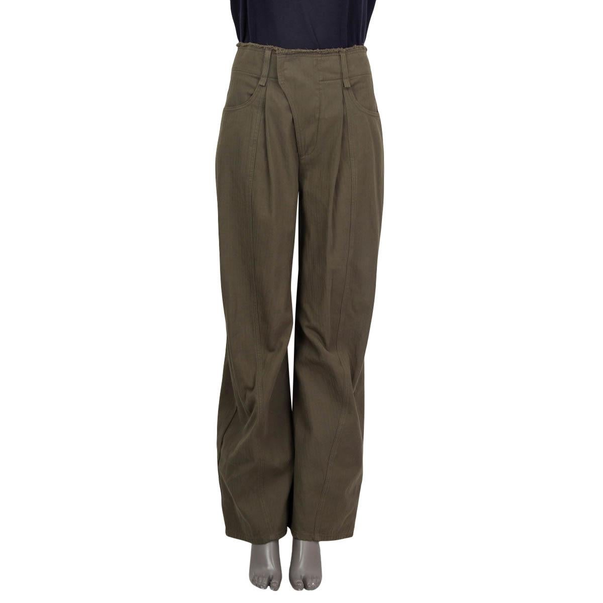 100% authentic Chloè frayed herringbone wide leg pants in grape leaf cotton (100%). Features a fringed hemline, belt loops, two slit pockets on the front and two slit pockets on the back. Opens with hook, button and zipper on the front. Lined in