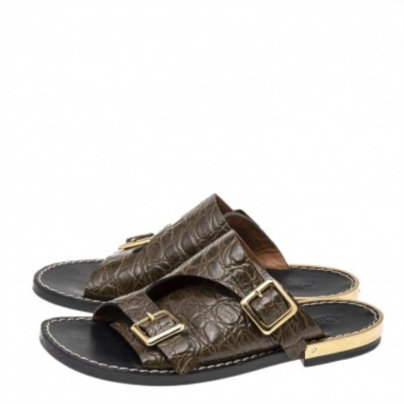 Black Chloe Olive Green Croc Embossed Leather Flat Sandals Size 36