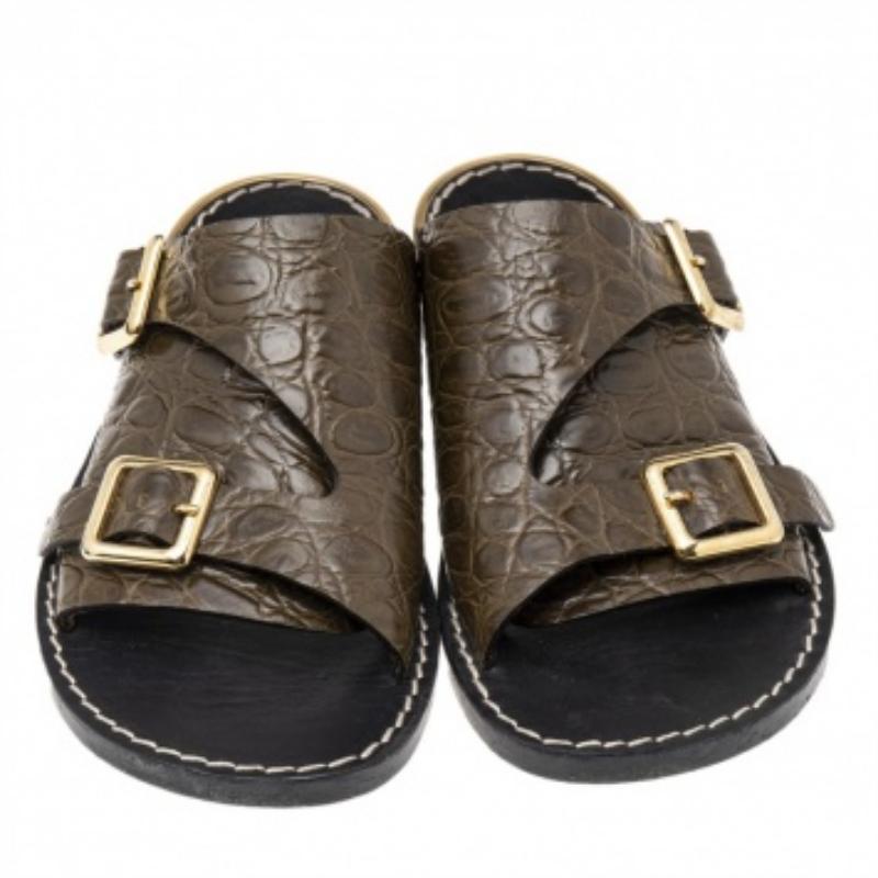 Women's Chloe Olive Green Croc Embossed Leather Flat Sandals Size 36
