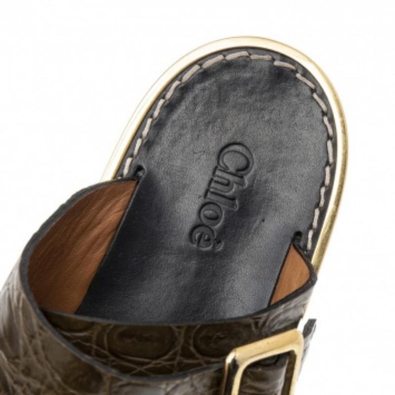 Chloe Olive Green Croc Embossed Leather Flat Sandals Size 36 1