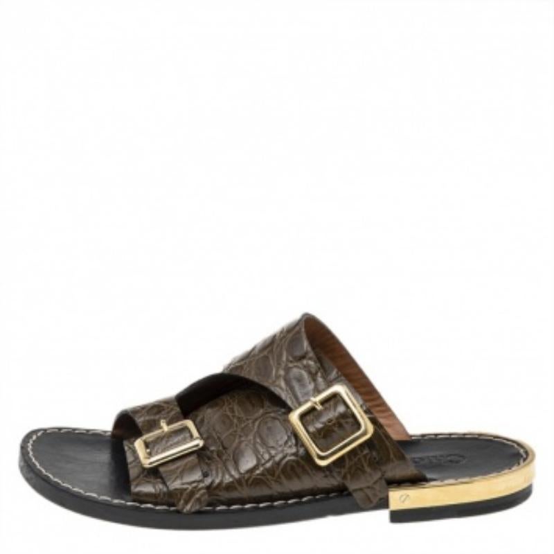 Chloe Olive Green Croc Embossed Leather Flat Sandals Size 36