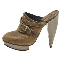 Chloe Olive Green Leather Strappy Platform Mules Size 37