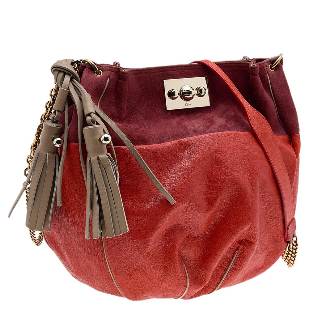 Chloe Orange/Brown Leather And Suede Chain Hobo In Good Condition In Dubai, Al Qouz 2
