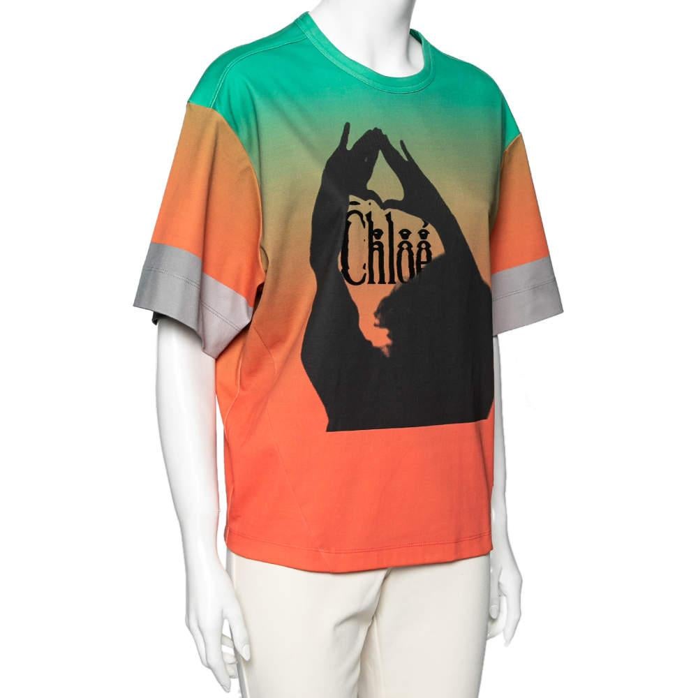 Beige Chloe Orange & Green Ombre Cotton Logo Printed T-Shirt M For Sale