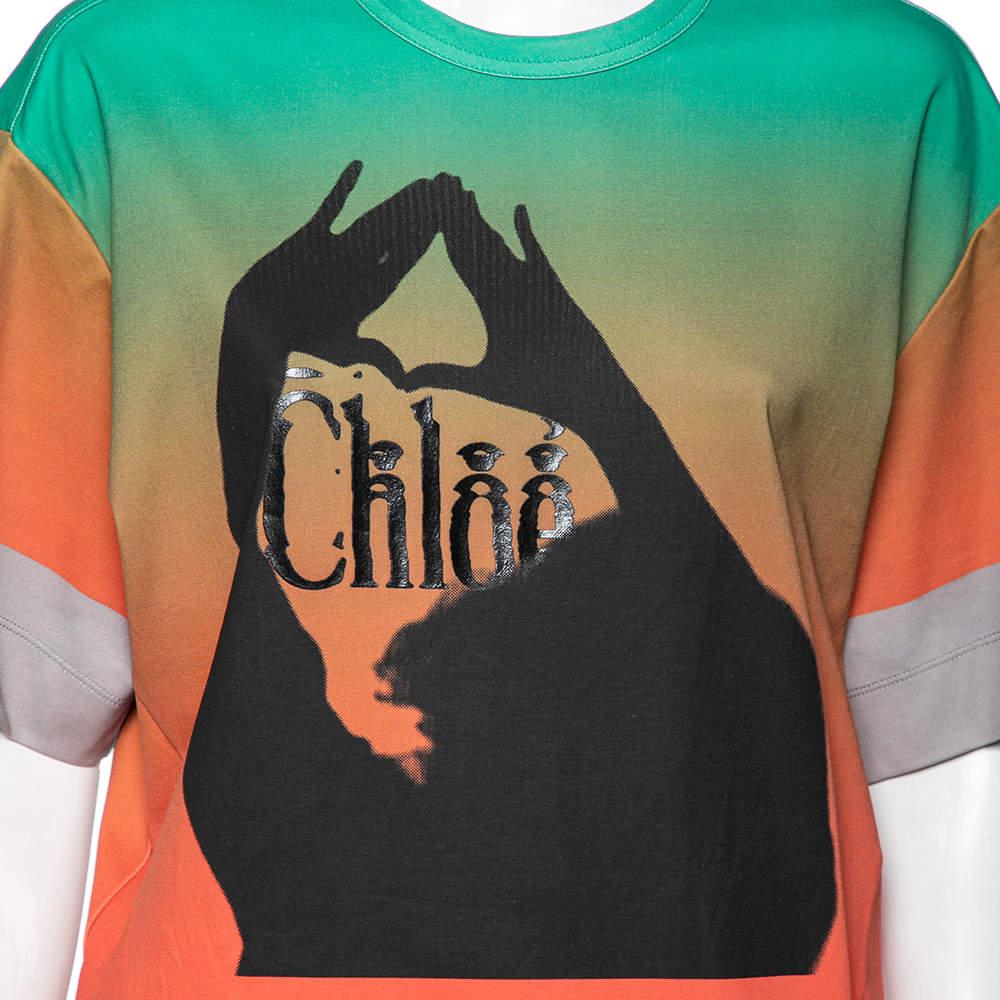 Chloe Orange & Green Ombre Cotton Logo Printed T-Shirt M For Sale 1