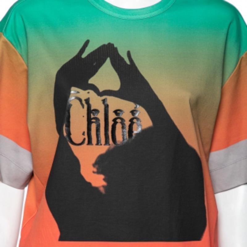 Chloe Orange & Green Ombre Cotton Logo Printed T-Shirt M For Sale 2