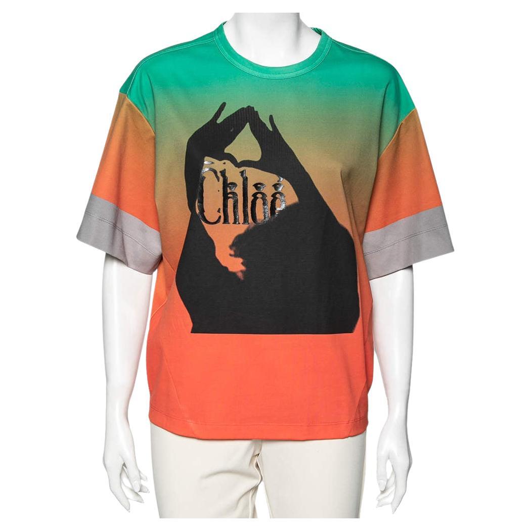 Chloé - T-shirt en coton imprimé logo orange et vert dégradé, taille M