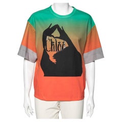 Chloe Orange & Green Ombre Cotton Logo Printed T-Shirt M