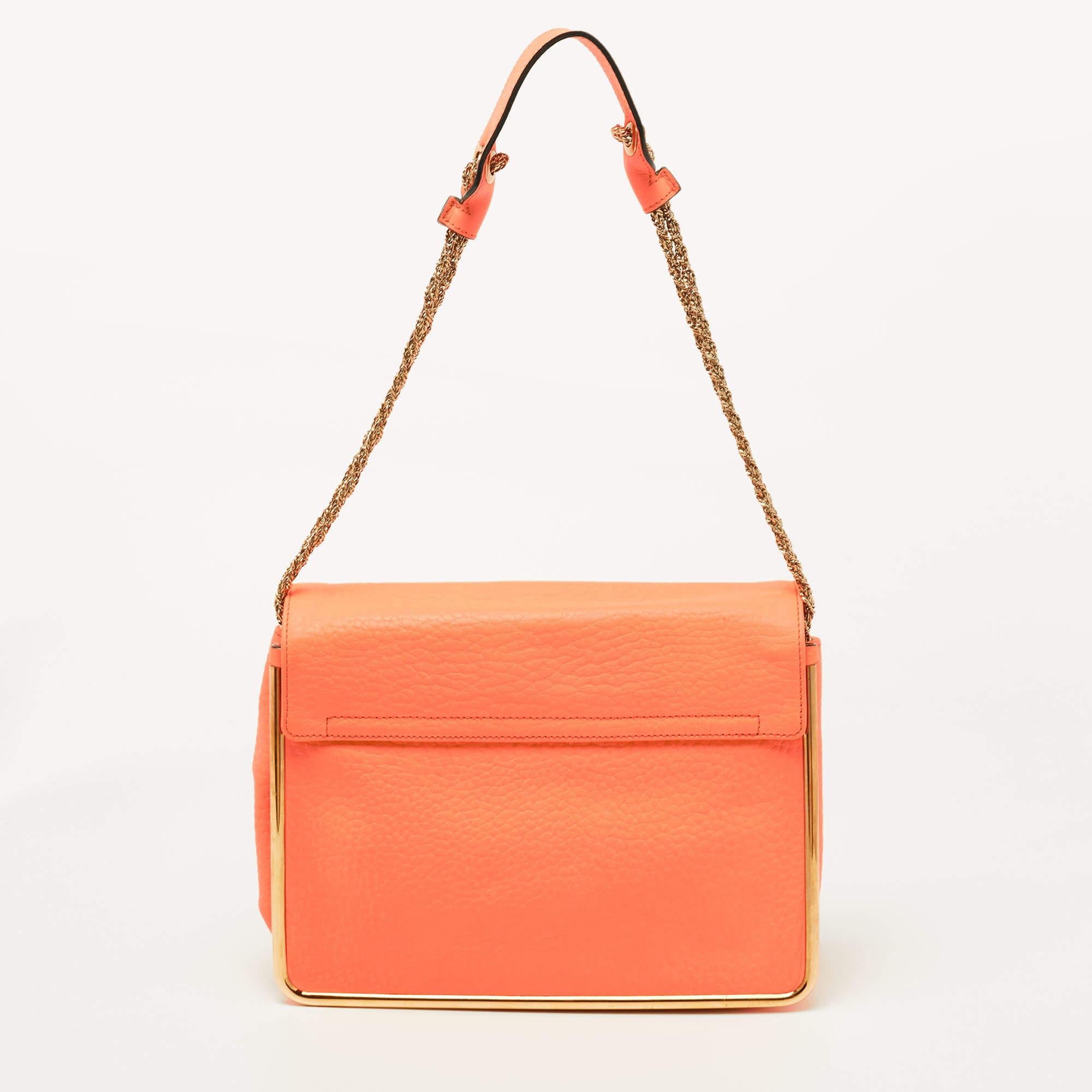 Chloe Orange Pebbled Leather Medium Sally Flap Shoulder Bag In Good Condition In Dubai, Al Qouz 2