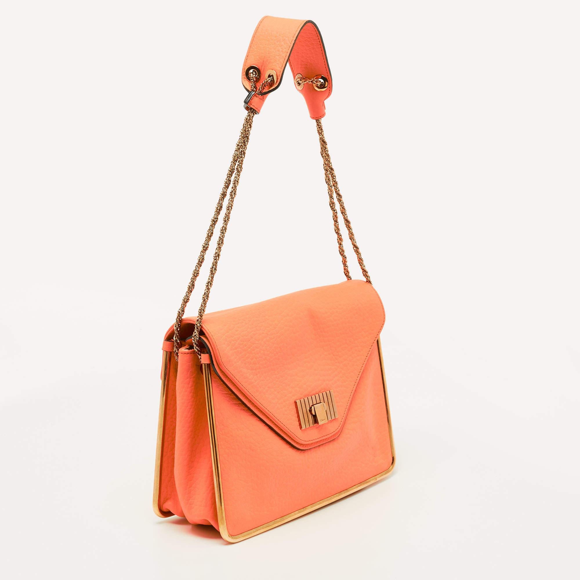 Women's Chloe Orange Pebbled Leather Medium Sally Flap Shoulder Bag