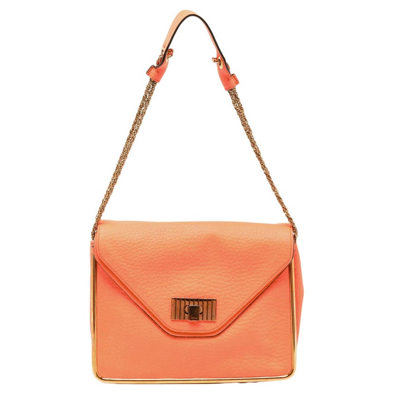Chloe Orange Pebbled Leather Medium Sally Flap Handbag For Sale at 1stDibs