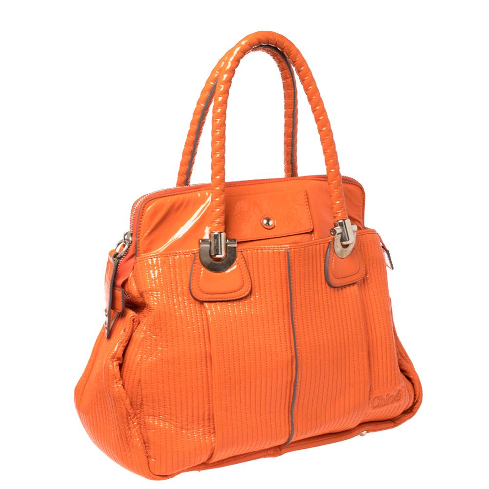 Chloe Orange Quilted Patent Leather Large Heloise Satchel In Good Condition In Dubai, Al Qouz 2