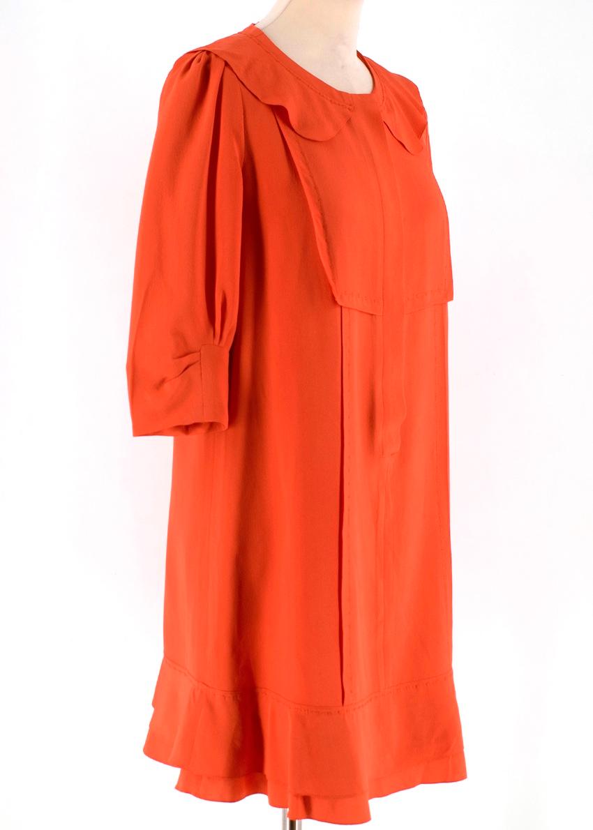 Chloe Orange Silk Dress RRP £1795.00

- Tone Embroidery Around Collar and throughout 
- Mid Length Sleeves 
- Rounded Collar 
- Round Neckline 
- Fluted Hemline 
- Front Hidden button fastening 
- Silk Lining 
- Midi Length
- Slight Pleating around