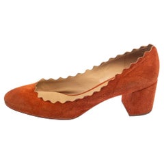 Chloe Orange Suede Lauren Scallop Trim Block Heel Pumps Size 40