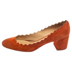 Chloe Orange Suede Lauren Scallop Trim Block Heel Pumps Size 40