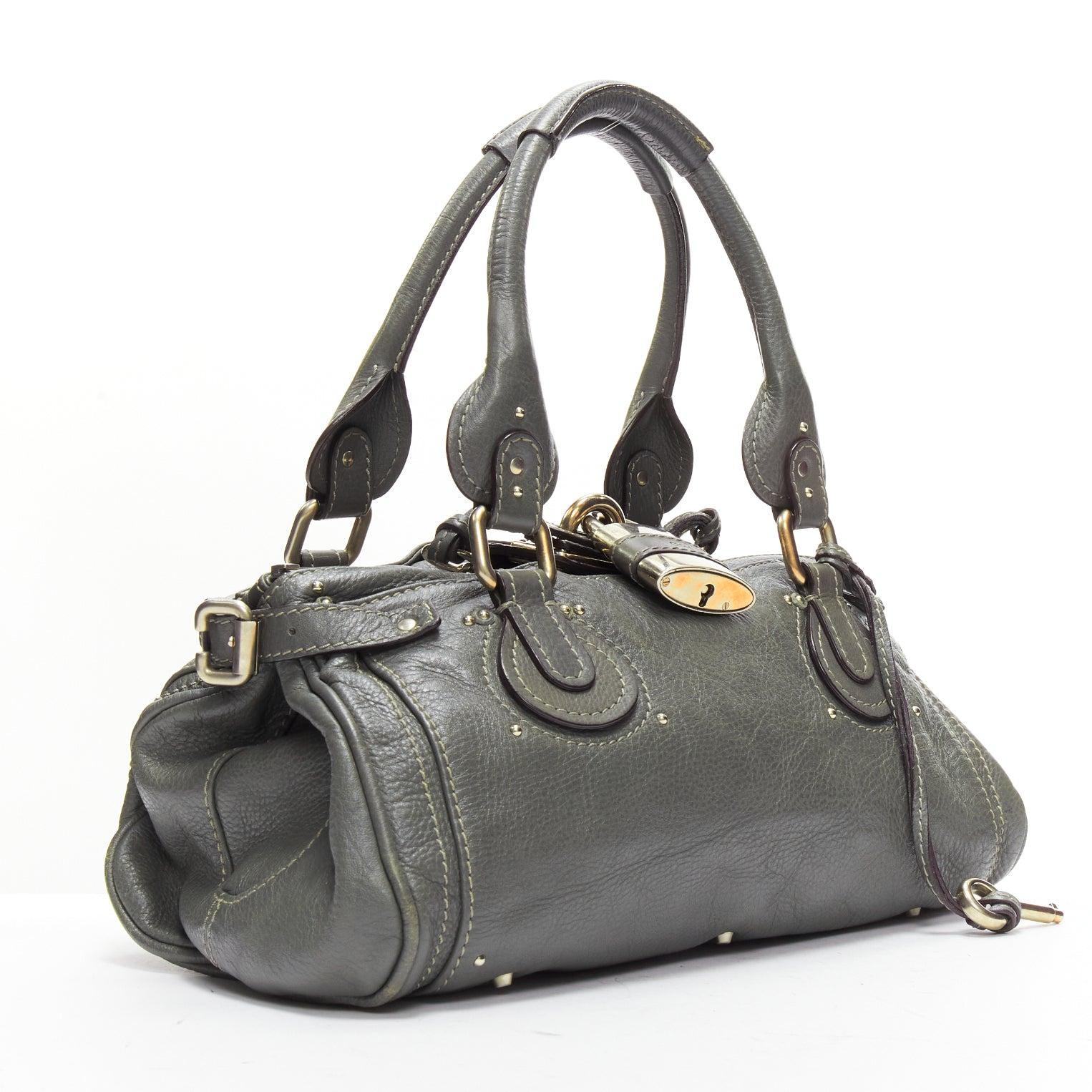 CHLOE Paddington grey pebble leather silver padlock shoulder satchel bag In Good Condition In Hong Kong, NT