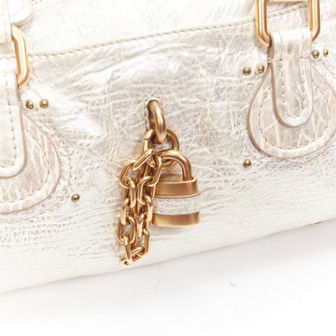 CHLOE Paddington metallic silver leather gold padlock satchel shoulder bag 3