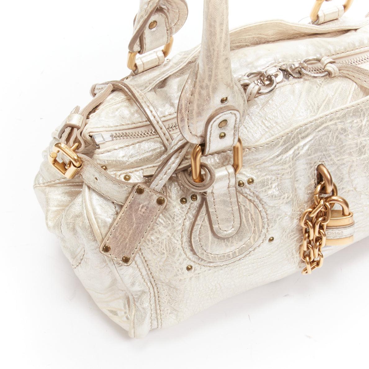 CHLOE Paddington metallic silver leather gold padlock satchel shoulder bag 4