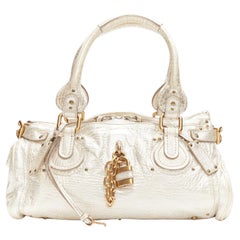 CHLOE Paddington metallic silver leather gold padlock satchel shoulder bag