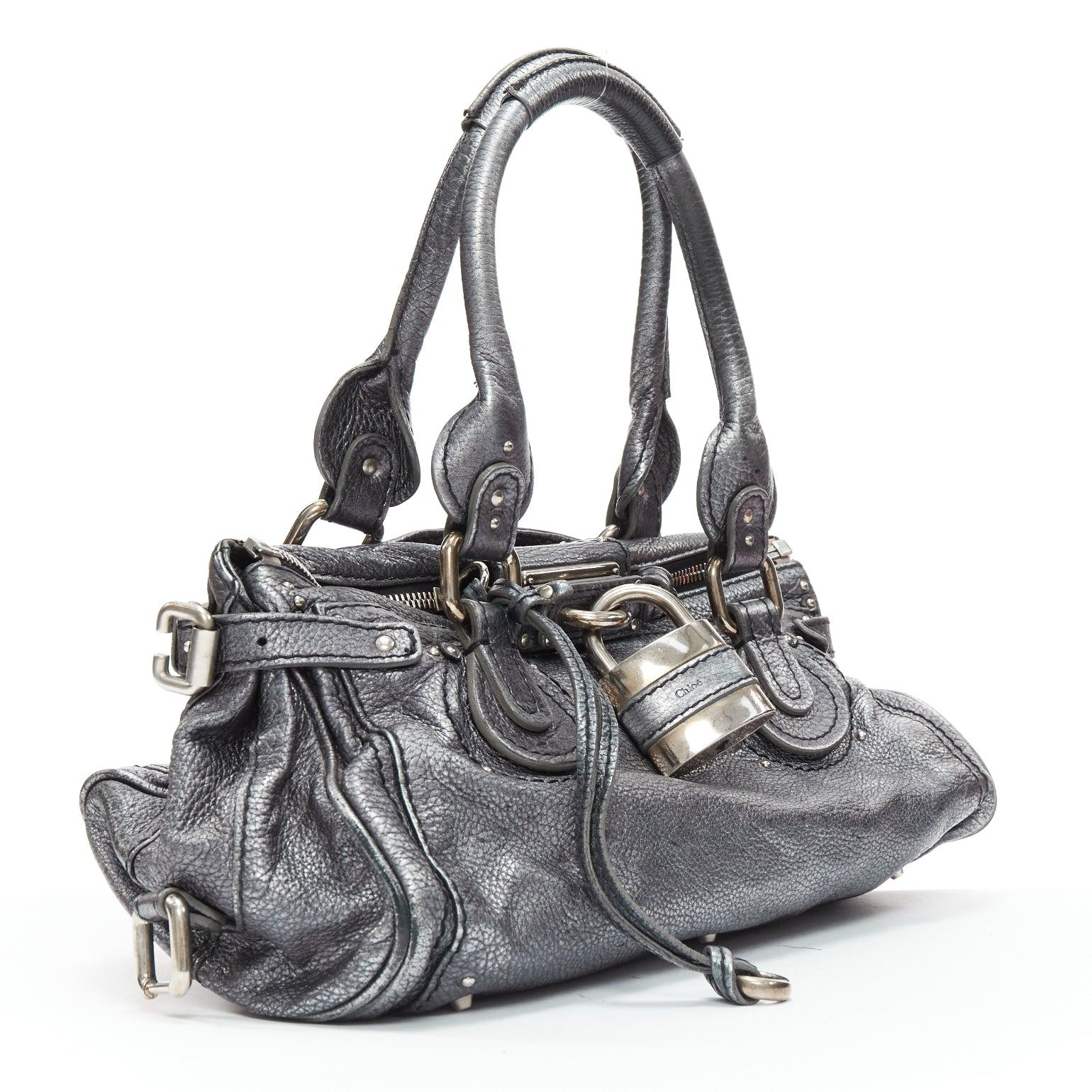 CHLOE Paddington silver leather logo lock shoulder top handle tote bag In Fair Condition In Hong Kong, NT