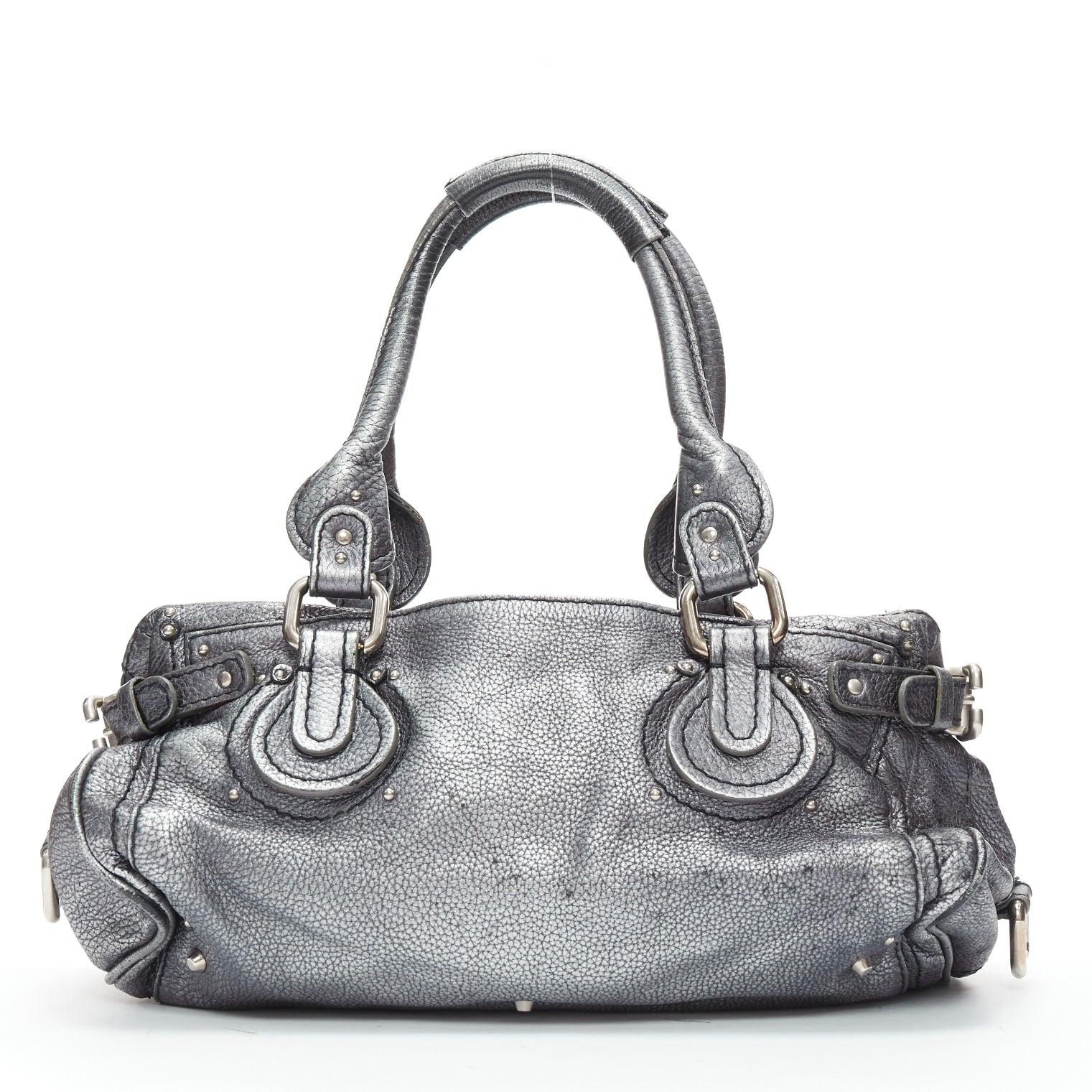 CHLOE Paddington silver leather logo lock shoulder top handle tote bag 1
