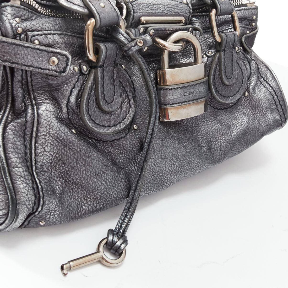CHLOE Paddington silver leather logo lock shoulder top handle tote bag 3