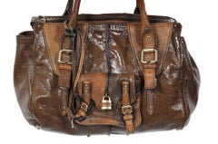 Chloe Paddington Tote Shoulder Bag Brown Paten Distressed Leather Gold Hardware