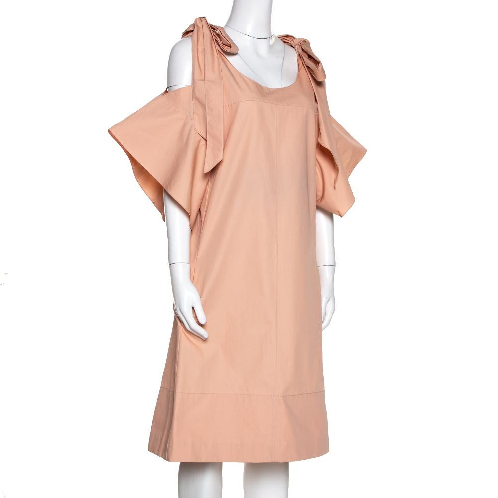 Beige Chloe Pansy Pink Cotton Bow Detail Cold Shoulder Dress M